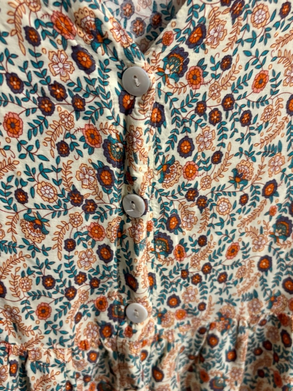 Floral Boho Button-Front Dress with Teal, Orange, & Mustard Accents Size Medium - Picture 6 of 7